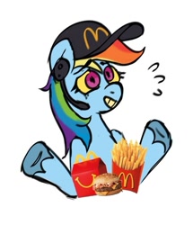 Size: 641x747 | Tagged: safe, artist:dandy_pony, imported from derpibooru, rainbow dash, pegasus, pony, burger, cap, emanata, food, french fries, grin, happy meal, hat, headset, mcdonald's, nervous, nervous grin, shrug, simple background, smiling, solo, white background