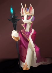 Size: 2480x3508 | Tagged: safe, artist:hornmlp, imported from derpibooru, princess celestia, alicorn, pony, alternate universe, cape, clothes, crown, evil, female, high res, jewelry, mare, red eyes, regalia, signature, solo, staff