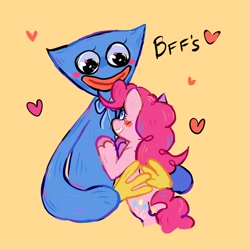 Size: 1500x1500 | Tagged: safe, artist:dandy_pony, imported from derpibooru, pinkie pie, earth pony, pony, bff, blush sticker, blushing, crossover, duo, heart, holding a pony, huggy wuggy, orange background, poppy playtime, simple background