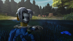 Size: 1920x1080 | Tagged: safe, artist:deltathedragon, imported from derpibooru, zecora, pony, zebra, 3d, alternate hairstyle, cattails, day, ear piercing, earring, female, forest, jewelry, lake, looking at you, mushroom, neck rings, piercing, reeds, solo, source filmmaker, swimming, tree, tree stump, water, wet, wet mane