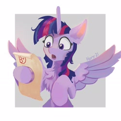 Size: 2072x2062 | Tagged: safe, artist:hornmlp, imported from derpibooru, twilight sparkle, alicorn, pony, b+, bipedal, chest fluff, ear fluff, female, grades, high res, hoof hold, mare, messy mane, open mouth, paper, shocked, signature, simple background, solo, spread wings, surprised, this will end in tears, twilight sparkle (alicorn), wide eyes, wings