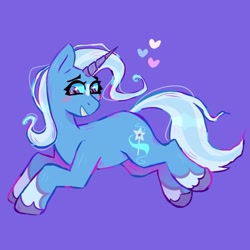 Size: 1291x1291 | Tagged: safe, artist:dandy_pony, imported from derpibooru, trixie, pony, unicorn, blushing, coat markings, heart, purple background, simple background, solo, stray strand