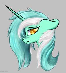 Size: 1786x1959 | Tagged: safe, artist:renarde-louve, imported from derpibooru, lyra heartstrings, pony, unicorn, bust, female, floppy ears, gray background, mare, portrait, profile, signature, simple background, smiling, solo