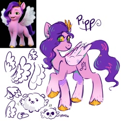 Size: 1500x1500 | Tagged: safe, artist:dandy_pony, imported from derpibooru, pipp petals, dog, pegasus, pomeranian, pony, cloudpuff, colored sketch, eye clipping through hair, flying pomeranian, g5, my little pony: a new generation, raised hoof, screencap reference, simple background, sketch, white background, winged dog, wings, yellow sclera