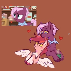 Size: 1500x1500 | Tagged: safe, artist:dandy_pony, imported from derpibooru, jasmine leaf, oc, earth pony, pegasus, pony, blushing, brown background, canon x oc, chest fluff, duo, food, heart, mug, neckerchief, screencap reference, simple background, tea, yellow sclera