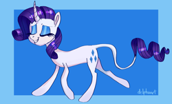 Size: 2877x1743 | Tagged: safe, artist:delphoart, imported from derpibooru, rarity, pony, unicorn, blue background, eyes closed, female, grin, leonine tail, mare, signature, simple background, smiling, solo, tail, trotting