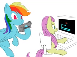 Size: 1500x1110 | Tagged: safe, artist:iron curtain, imported from derpibooru, fluttershy, rainbow dash, pegasus, pony, camcorder, chair, computer, computer mouse, computer screen, moments before disaster, scary maze game, simple background, this will end in tears, this will not end well, white background