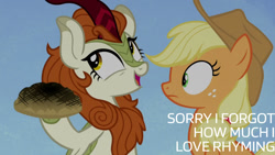 Size: 1280x720 | Tagged: safe, edit, edited screencap, editor:quoterific, imported from derpibooru, screencap, applejack, autumn blaze, earth pony, kirin, pony, season 8, sounds of silence, applejack's hat, bread, cowboy hat, female, food, hat, mare, open mouth, open smile, smiling