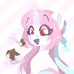 Size: 1500x1500 | Tagged: safe, artist:tsarstvo, imported from derpibooru, oc, oc only, pony, unicorn, abstract background, bust, eating, female, magic, mare, open mouth, solo, telekinesis