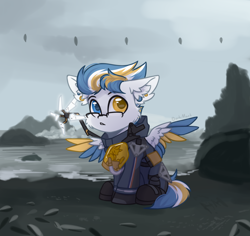 Size: 1350x1275 | Tagged: safe, artist:dorkmark, imported from derpibooru, oc, oc only, oc:alan techard, pegasus, pony, beach, cheek fluff, chibi, colored wings, crossover, death stranding, ear fluff, glasses, heterochromia, male, multicolored wings, solo, wings