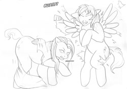 Size: 900x632 | Tagged: safe, artist:arania, imported from derpibooru, fluttershy, rainbow dash, pegasus, pony, clothes, comic, duo, eyes closed, female, gritted teeth, human to pony, monochrome, ripping clothes, transformation, transformation sequence