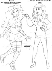 Size: 700x962 | Tagged: safe, artist:arania, imported from derpibooru, pinkie pie, rarity, human, comic, duo, female, human to pony, humanized, monochrome, transformation, transformation sequence