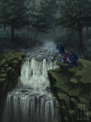 Size: 1280x1707 | Tagged: safe, artist:hilloty, imported from derpibooru, oc, oc only, earth pony, pony, bag, commission, fog, forest, letter, saddle bag, solo, waterfall