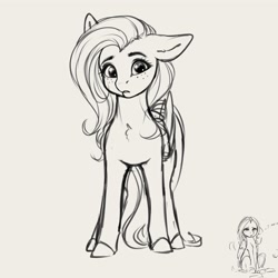 Size: 4000x4000 | Tagged: safe, artist:miokomata, imported from derpibooru, fluttershy, pegasus, pony, absurd resolution, cute, female, freckles, freckleshy, frown, gray background, grayscale, looking at you, mare, monochrome, shyabetes, simple background, sitting, solo, teeth