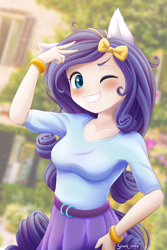 Size: 2000x3000 | Tagged: safe, artist:symbianl, imported from derpibooru, rarity, equestria girls, blushing, cute, female, grin, high res, looking at you, one eye closed, ponied up, raribetes, smiling, smiling at you, solo, wink, winking at you