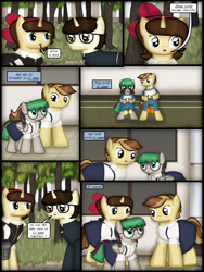 Size: 1750x2333 | Tagged: safe, artist:99999999000, imported from derpibooru, oc, oc only, oc:cwe, oc:li anna, oc:mar baolin, oc:zhang cathy, earth pony, pony, unicorn, comic:nice to meet you, clothes, comic, female, filly, male, tree
