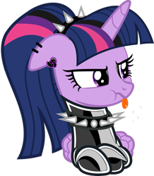 Size: 925x1059 | Tagged: safe, alternate version, artist:aethon056, editor:severity-gray, imported from derpibooru, twilight sparkle, alicorn, pony, alternate hairstyle, choker, collar, cute, ear piercing, eyeliner, eyeshadow, female, goth, latex, latex suit, makeup, piercing, raspberry, simple background, solo, spiked collar, tongue out, transparent background, twilight sparkle (alicorn)