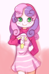 Size: 1020x1530 | Tagged: safe, artist:drantyno, imported from derpibooru, sweetie belle, equestria girls, banana, clothes, dress, eating, female, food, solo