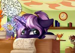 Size: 4093x2894 | Tagged: safe, artist:julunis14, imported from derpibooru, oc, oc only, oc:silver cross, oc:tenebris flux, pony, unicorn, annoyed, book, clock, eyeshadow, female, freckles, latin, magic, magic aura, makeup, male, mare, ponytail, school, stallion