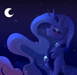 Size: 2048x2001 | Tagged: safe, artist:tessa_key_, imported from derpibooru, princess luna, alicorn, pony, crescent moon, eyebrows, eyebrows visible through hair, eyes closed, grin, high res, moon, smiling, solo