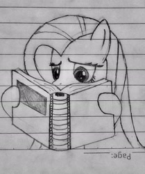 Size: 1730x2074 | Tagged: safe, artist:jonoba, imported from derpibooru, fluttershy, pony, book, lined paper, reading, solo, traditional art