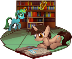 Size: 1694x1394 | Tagged: safe, artist:nauyaco, imported from derpibooru, oc, oc:kimi, unicorn, book, bookshelf, chell, librarian, library, magic, portal (valve), reading