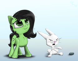 Size: 1550x1216 | Tagged: safe, artist:chopsticks, imported from derpibooru, angel bunny, oc, oc:filly anon, earth pony, pony, angel bunny is not amused, boulder (g4), chest fluff, cute, ear fluff, female, filly, looking up, ocbetes, simple background, unshorn fetlocks