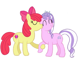 Size: 4000x3000 | Tagged: safe, artist:turnaboutart, imported from derpibooru, apple bloom, diamond tiara, earth pony, cheek kiss, diamondbloom, female, holding hooves, kissing, lesbian, older, older apple bloom, older diamond tiara, shipping, simple background, transparent background