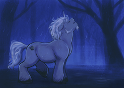 Size: 2732x1945 | Tagged: safe, artist:sallylla, imported from derpibooru, pony, unicorn, alphabittle blossomforth, beard, eyebrows, eyes closed, facial hair, floppy ears, fog, forest, g5, goatee, horn, male, my little pony: a new generation, night, open mouth, outdoors, rain, raised hoof, side view, solo, stallion, tree, unshorn fetlocks, wet, wet mane