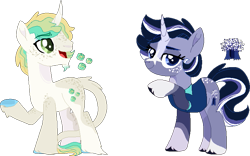 Size: 773x481 | Tagged: safe, artist:rickysocks, imported from derpibooru, oc, oc only, oc:lilac grove, oc:turquoise rise, pony, unicorn, duo, female, magical polyamorous spawn, male, mare, offspring, parent:maud pie, parent:prince blueblood, parent:starlight glimmer, parent:sunburst, parent:trixie, parents:bluetrix, simple background, stallion, transparent background