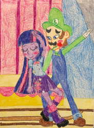 Size: 1280x1744 | Tagged: safe, artist:justinvaldecanas, imported from derpibooru, twilight sparkle, alicorn, equestria girls, blushing, cap, clothes, crossover, crossover shipping, dancing, equestria girls style, equestria girls-ified, eyes closed, flower, gloves, hat, luigi, luigi's hat, luitwi, nintendo, overalls, rose, shipping, shirt, shoes, skirt, super mario bros., twilight sparkle (alicorn), undershirt