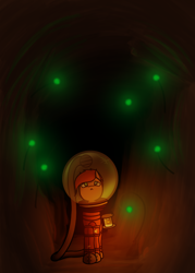 Size: 1500x2100 | Tagged: safe, artist:klp8, artist:rexyseven, imported from derpibooru, oc, oc only, oc:rusty gears, cave, dark, darkness, frightened, helmet, lantern, space helmet, spacesuit