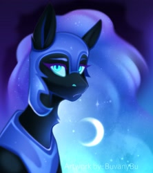 Size: 3641x4096 | Tagged: safe, artist:buvanybu, imported from derpibooru, nightmare moon, pony, ethereal mane, eyebrows, female, helmet, looking at you, mare, missing horn, slit pupils, solo