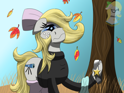 Size: 1600x1200 | Tagged: safe, artist:gray star, derpibooru exclusive, imported from derpibooru, oc, oc only, oc:gray star, autumn, bow, clothes, collar, glasses, leaves, scarf, socks, sweater, teary eyes, tree, turtleneck