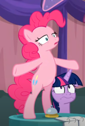 Size: 354x527 | Tagged: safe, imported from derpibooru, screencap, pinkie pie, twilight sparkle, alicorn, earth pony, pony, a trivial pursuit, season 9, spoiler:s09, bags under eyes, bell, bipedal, cropped, duo, faic, pinkie pie is not amused, table, twilight sparkle (alicorn)