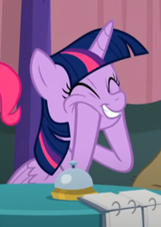 Size: 332x466 | Tagged: safe, imported from derpibooru, screencap, twilight sparkle, alicorn, pony, a trivial pursuit, season 9, cropped, cute, eyes closed, hooves on cheeks, smiling, solo, squishy cheeks, twiabetes, twilight sparkle (alicorn)