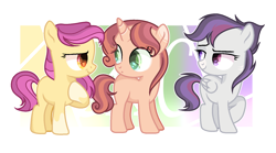 Size: 1718x958 | Tagged: safe, artist:moonnightshadow-mlp, imported from derpibooru, oc, oc only, oc:blossom, oc:lily belle, oc:sky thunder, earth pony, pegasus, pony, unicorn, female, filly, offspring, parent:apple bloom, parent:button mash, parent:rumble, parent:scootaloo, parent:sweetie belle, parent:tender taps, parents:rumbloo, parents:sweetiemash, parents:tenderbloom