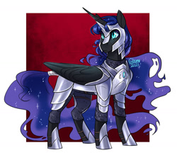 Size: 1280x1120 | Tagged: safe, artist:cosmalumi, imported from derpibooru, nightmare moon, princess luna, alicorn, pony, armor, boots, chainmail, female, helmet, mare, red background, shoes, simple background, slit pupils, solo, tail, tail wrap