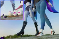 Size: 3840x2560 | Tagged: safe, artist:shadowboltsfm, imported from derpibooru, oc, oc only, oc:inkwell stylus, oc:maple cake, oc:midnight grave, anthro, plantigrade anthro, 3d, blender, boots, breasts, clothes, feet, female, giant anthro, giantess, high heel boots, high heels, high res, jeans, legs, macro, micro, nail polish, not sfm, open-toed shoes, pants, pictures of legs, sandals, shoes, tiny, toenail polish, toes, unaware, walking