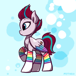 Size: 2048x2048 | Tagged: safe, artist:pfeffaroo, imported from derpibooru, zipp storm, pegasus, pony, abstract background, clothes, female, g5, high res, mare, my little pony: a new generation, profile, raised hoof, socks, solo, standing, striped socks, wings