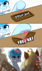 Size: 1000x1687 | Tagged: safe, artist:maren, imported from derpibooru, oc, oc only, oc:blue chewings, earth pony, pony, chew toy, heart, meme, text