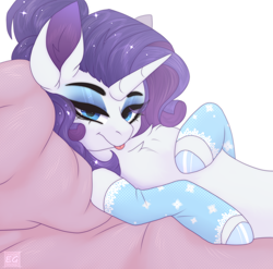Size: 2088x2060 | Tagged: safe, artist:elektra-gertly, imported from derpibooru, rarity, pony, unicorn, :p, bedroom eyes, chest fluff, clothes, female, high res, lying down, mare, on back, simple background, socks, solo, stockings, thigh highs, tongue out, white background