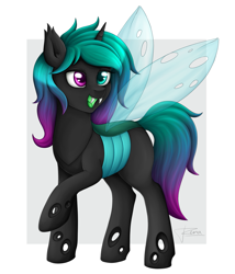 Size: 1281x1499 | Tagged: safe, artist:puggie, imported from derpibooru, oc, oc only, oc:hazy frame, changeling, hybrid, pony, chitin, colored pupils, eyelashes, fangs, female, half changeling, heterochromia, horn, ombre hair, open mouth, open smile, raised hoof, sharp teeth, signature, smiling, solo, spread wings, teeth, wings
