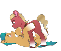 Size: 937x777 | Tagged: safe, artist:secret170193, imported from derpibooru, hitch trailblazer, sprout cloverleaf, earth pony, pony, blushing, coat markings, eye contact, g5, gay, hitchsprout, looking at each other, lying down, male, maledom, malesub, my little pony: a new generation, on back, shipping, simple background, socks (coat markings), stallion, stallion on stallion, submissive, transparent background, unshorn fetlocks