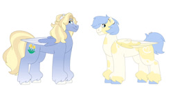 Size: 1280x640 | Tagged: safe, artist:itstechtock, imported from derpibooru, oc, oc:daffodil, oc:skywriter, pegasus, pony, female, mare, offspring, parent:helia, parent:stormbreaker, simple background, white background