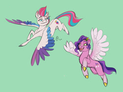 Size: 1280x961 | Tagged: safe, artist:aversiespabilas, imported from derpibooru, pipp petals, zipp storm, pegasus, pony, colored sketch, duo, duo female, female, flying, g5, looking at each other, looking at someone, mare, my little pony: a new generation, siblings, simple background, sisters, wings