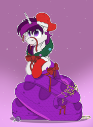 Size: 2136x2920 | Tagged: safe, alternate version, artist:rokosmith26, imported from derpibooru, oc, oc only, oc:curiosity cosmos, lamia, original species, snake, snake pony, alternate character, bow, cheek fluff, christmas, christmas lights, christmas stocking, christmas wreath, clothes, commission, fangs, floppy ears, gradient background, high res, holiday, horn, leggings, looking up, male, one ear down, ribbon, scales, simple background, sitting, smiling, snake tail, solo, sweat, sweatdrop, tail, tongue out, tooth, unicorn horn, wreath, ych result