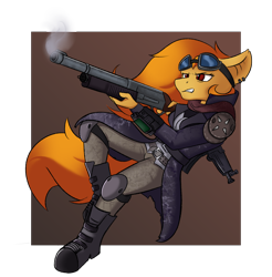 Size: 3666x3726 | Tagged: safe, artist:qbellas, imported from derpibooru, oc, oc only, anthro, bat pony, clothes, crossover, fallout, gun, high res, ks-23, shotgun, solo, weapon