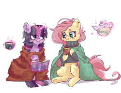 Size: 4300x3300 | Tagged: safe, artist:colorbrush, imported from derpibooru, fluttershy, twilight sparkle, pegasus, pony, blanket, blush sticker, blushing, book, cheek fluff, clothes, cozy, duo, ear fluff, female, food, glowing, glowing horn, heart eyes, high res, hoof hold, horn, hot drink, levitation, looking at each other, looking at someone, magic, mare, mug, raised hoof, simple background, sitting, smiling, sweater, sweatershy, tea, teapot, telekinesis, white background, wingding eyes