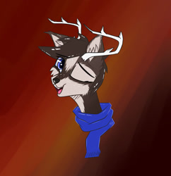 Size: 1280x1321 | Tagged: safe, artist:aurorakins, imported from derpibooru, oc, oc only, oc:devo, deer, deer pony, original species, antlers, clothes, deer oc, looking at you, one eye closed, scarf, solo, wink, winking at you